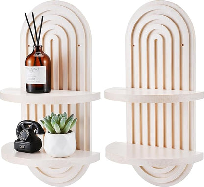 Wenqik 2 Pcs Boho Wall Shelf Rainbow Arch Wooden Floating Shelf Mid Century Bohemian Hanging Holder Double Vintage Wall Mount Altar Decor for Nursery Bedroom 15.75 x 6.69 Inches(White)