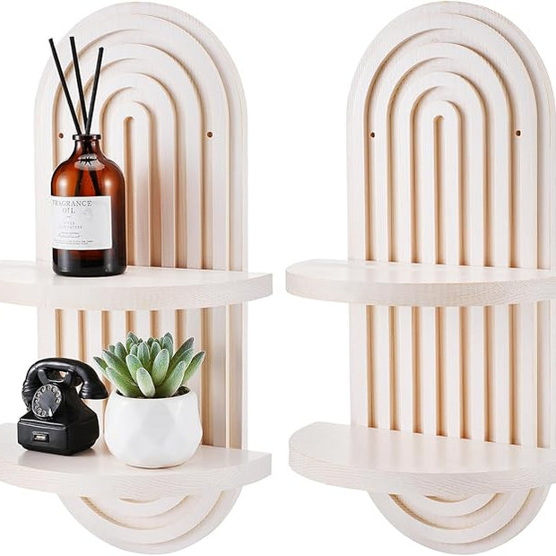 Wenqik 2 Pcs Boho Wall Shelf Rainbow Arch Wooden Floating Shelf Mid Century Bohemian Hanging Holder Double Vintage Wall Mount Altar Decor for Nursery Bedroom 15.75 x 6.69 Inches(White)