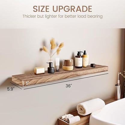Floating Shelves 36 Inches Long, Set of 2 Solid Rustic Wood Wall Mounted Shelves, Wall Picture Ledge Shelf with Invisible Metal Brackets for Living Room, Bedroom, Bathroom, Carbonized Black