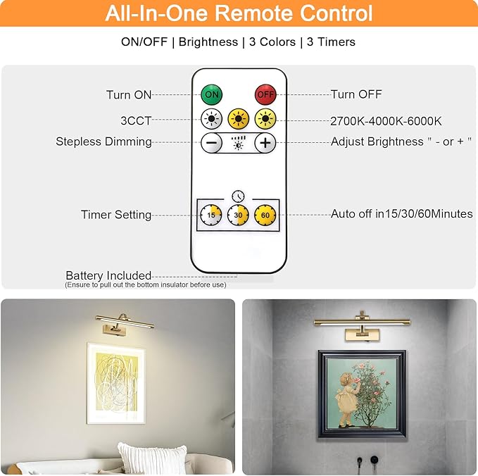 Wireless Picture Lights for Wall Rechargeable, Battery Operated Art Light for Paintings, 3CCT Dimmable, 15.7
