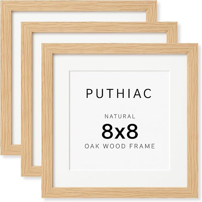 puthiac 8x8 Solid Oak Wood Picture Frame, Fits 4x4 with Mat or 8x8 Without Mat, Wall or Tabletop Display with Stand, Plexi Front, 3 Pack, Natural Oak