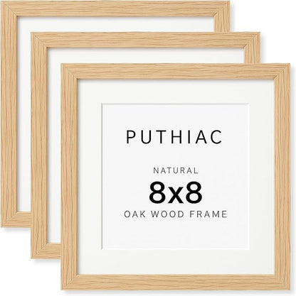 puthiac 8x8 Solid Oak Wood Picture Frame, Fits 4x4 with Mat or 8x8 Without Mat, Wall or Tabletop Display with Stand, Plexi Front, 3 Pack, Natural Oak
