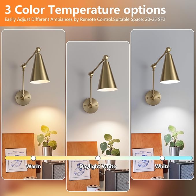 MWZ Gold Battery Operated Swing Arm Wall Sconces Set of 2,Wireless Rechargeable Dimmable 3 Color Wall Light with Remote,Cone Indoor Light Fixture for Bedside,Kitchen,Hallway,Living Room,Reading