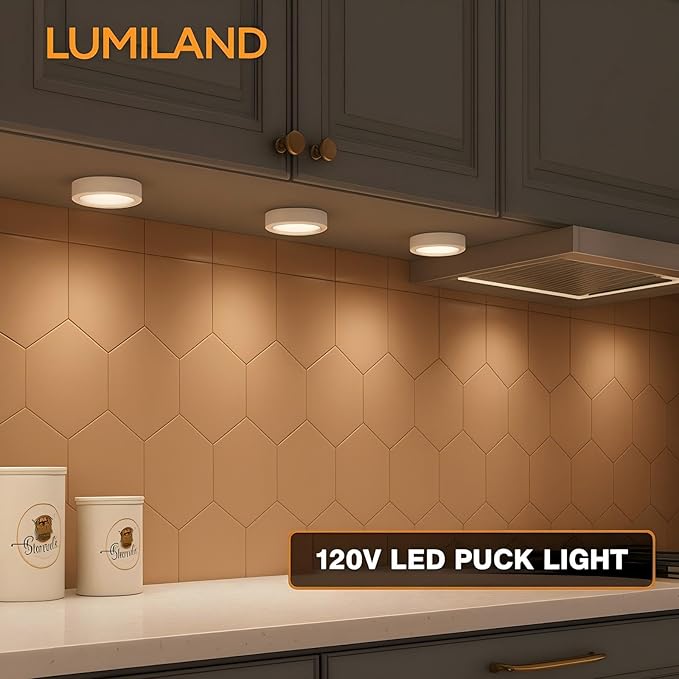 LUMILAND Wired LED Puck Lights (2.7Wx5) Plug-in Lighting Natural White (4000K), LED Cabinet Light for Kitchen Can Be Surface Mount or Recess Mount, White