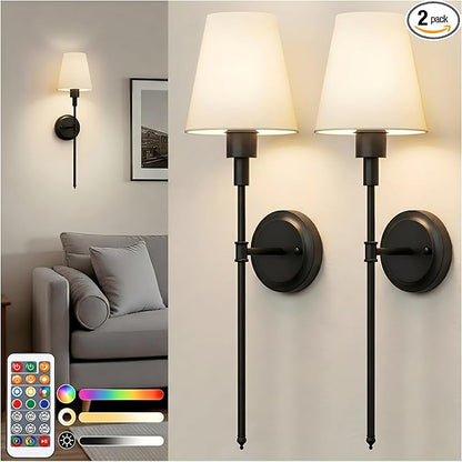 DORESshop Battery Operated Wall Sconce Set of 2, Wireless Wall Light Easy to Install, 15 Color Rechargeable Wall Sconces, Sconce Wall Decor Set of 2 for Bedroom, Living Room, Black, 24.6in