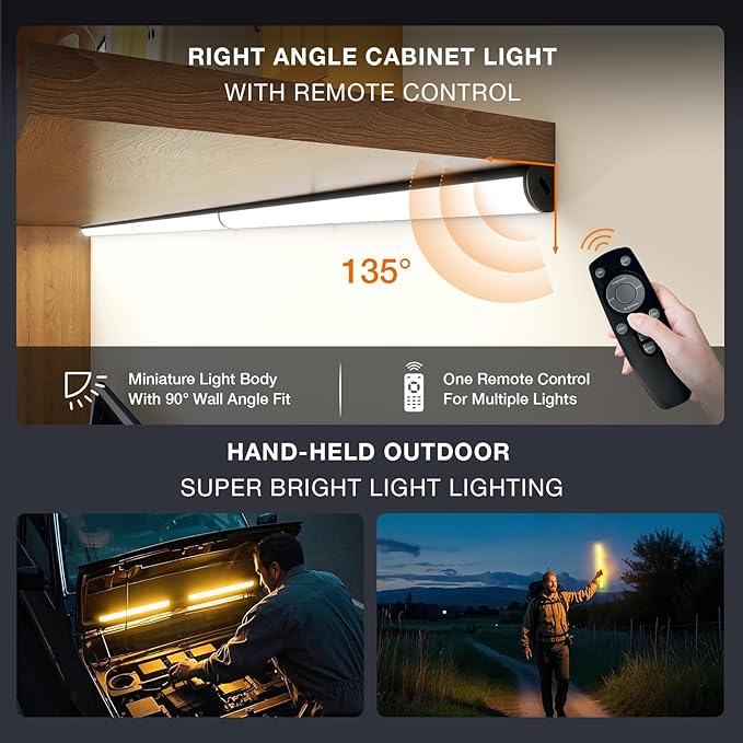 Under Cabinet Lighting Wireless with Remote,Rechargeable Battery Operated Closet Lights,3 Color Magnetic Dimmable led Strip Lights,Under Counter Lights for Kitchen,Shelf,Bedroom (Black-2PCS, 30cm)