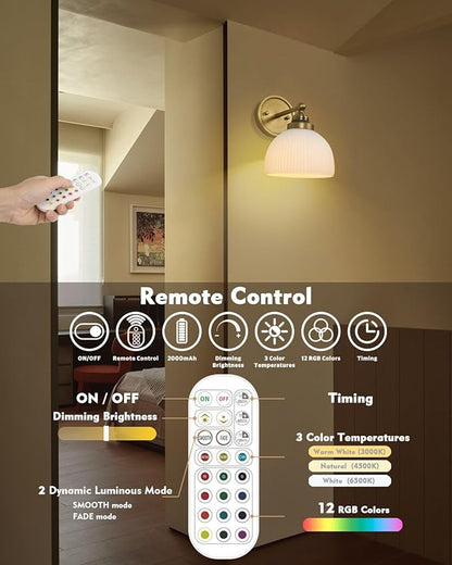 HEQIQEH Vintage Rechargeable Battery Operated Sconce Ribbed White Glass Shade Wall Lighting with Remote Control Dimmable Wall Mounted Lamp Fixture for Bedroom Vanity Bathroom Living Room