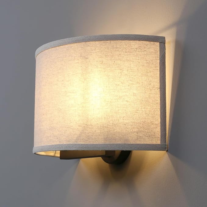 2-Light Linen Fabric Boho Hallway Wall Sconce Indoor Light Fixture, Dual Vintage Industrial Hardwired Half Moon Wall Lighting Semicircle Textile Shade for Bedroom Living Room Corridor Study