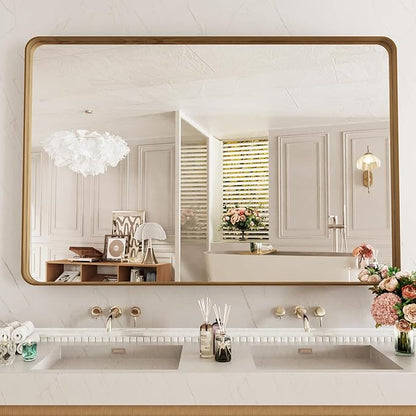 LOAAO 50X30 Inch Bathroom Mirror with Wood Grain Colored Metal Frame, Rounded Rectangle Metal Framed Bathroom Mirror, Anti-Rust, Hangs Horizontally or Vertically, Tempered Glass