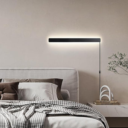 Modern Plug in Wall Sconces, 23.6 inch Frosted Black LED Long Wall Lights, 12W Warm White 3000K Acrylic Indoor Wall lamp,with 59" Plug Cable for Bedroom, Living Room, Bathroom Makeup, Hallway