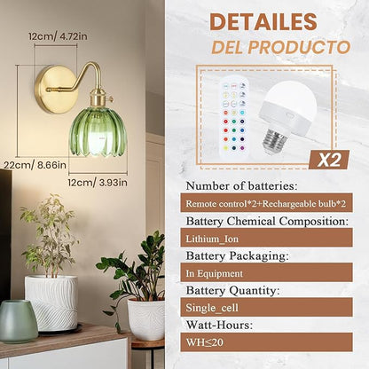 Battery Operated Wall Sconce Vintage,Battery Wall Sconces Set of Two with RGB Dimmable Remote Control,Rechargeable Wireless Wall Lights with Remote for Bedroom Living Room (Green)