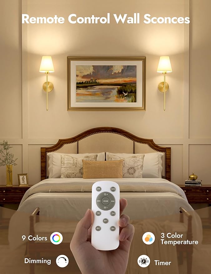 VOLISUN Battery Operated Wall Sconces Set of Two, Wireless Wall Sconces with Remote and Dimmable Bulbs, 9 Colors Battery Powered Wall Lights, Gold Rechargeable Wall Lamps for Bedroom (23.6 inch)