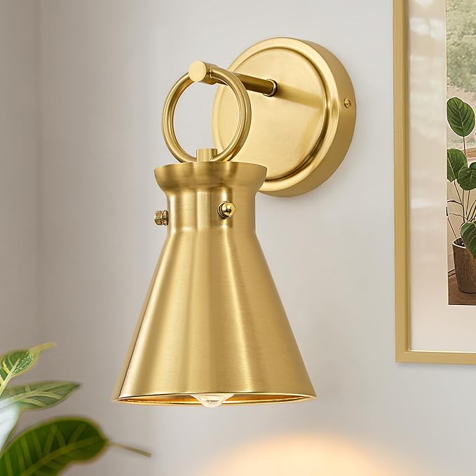 Gold Wall Sconce for Bathroom, Modern Vanity Light Fixtures, Wall Mount Lighting Farmhouse Wall Lights with 6 Inch Metal Lampshade for Bedroom Living Room Mirror Kitchen (Gold Metal, 1 Pack)