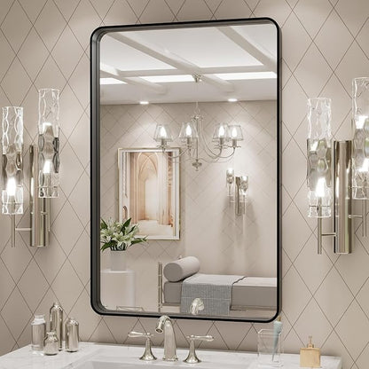 LOAAO 20X30 Inch Black Metal Framed Bathroom Mirror for Wall, Matte Black Bathroom Vanity Mirror Farmhouse, Large Rounded Rectangle Mirror, Anti-Rust, Hangs Horizontally or Vertically