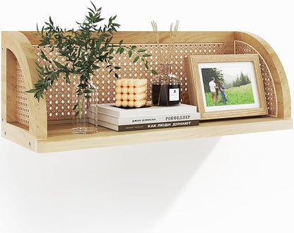 Wooden Rattan Wall Shelf, 16 Inch Long Hanging Shelves, Natural Wall Mounted Shelves, Easy to Install Floating Shelf, Decorative Wall Shelves for Kitchen, Bathroom, Living Room