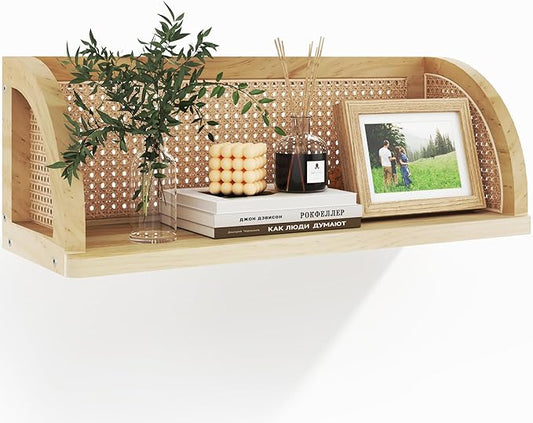 Wooden Rattan Wall Shelf, 16 Inch Long Hanging Shelves, Natural Wall Mounted Shelves, Easy to Install Floating Shelf, Decorative Wall Shelves for Kitchen, Bathroom, Living Room