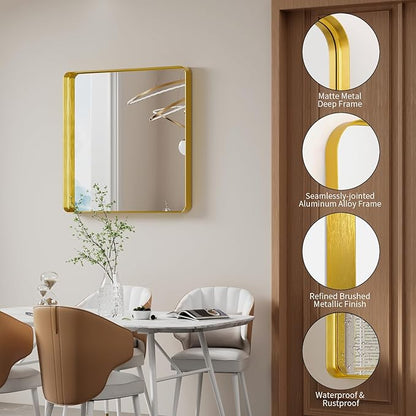 Koonmi Gold Wall Mirror for Bathroom, 29x29 Inch Matte Deep Framed Rounded Rectangle Vanity Mirror for Farmhouse Living Room, Tempered Glass, Anti-Rust, Vertically or Horizontally