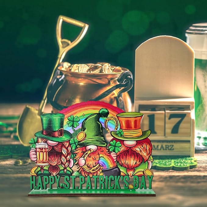 St Patricks Day Decor for Table Irish Green Gnome Decoration Wooden Centerpieces Rustic Farmhouse Sign for Tabletop Home Shelf Office St Patricks Day Party Decoration