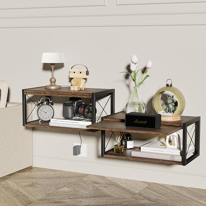 2-Tier Floating Nightstand, Wall Mounted Bedside Table, Wood Bedside Shelf Wall Mounted Nightstand, Floating Bedside Table Wall Shelf for Bedroom, Living Room, Kitchen, Office, Rustic Brown