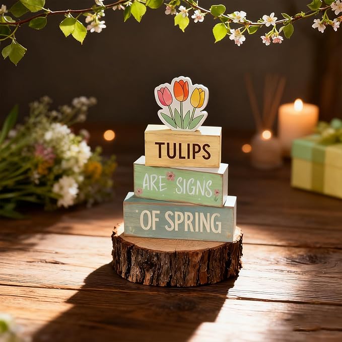 Spring Decoration Wooden Tiered Tray Decor – Tulips Spring Stacked Block Sign with Floral Accent – Farmhouse Tabletop Spring Decor for Shelf Mantel Seasonal Home Display