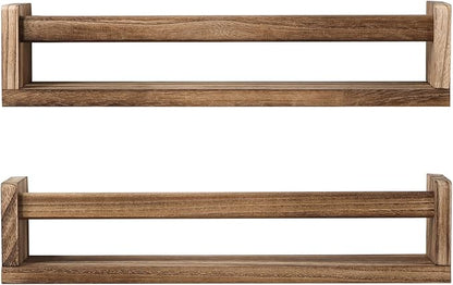 Nursery Book Shelves, Set of 2 Wood Floating Book Shelves for Kids Room, Kitchen Spice Rack, or Rustic Wall Mounted Shelves for Farmhouse Bathroom Décor (carbonized)