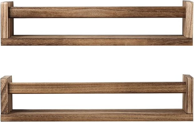 Nursery Book Shelves, Set of 2 Wood Floating Book Shelves for Kids Room, Kitchen Spice Rack, or Rustic Wall Mounted Shelves for Farmhouse Bathroom Décor (carbonized)