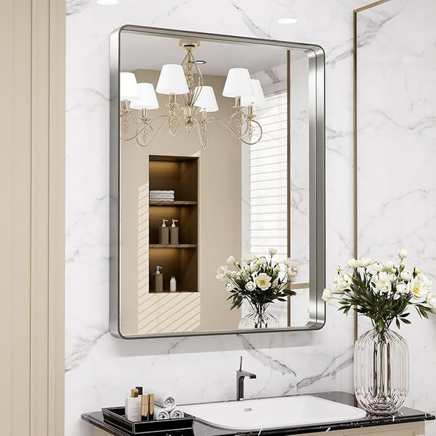 LOAAO 28X36 Inch Brushed Nickel Bathroom Mirror, Rounded Rectangle Silver Metal Frame Mirror, Brushed Nickel, Anti-Rust, Shatter Proof, Hangs Horizontally or Vertically