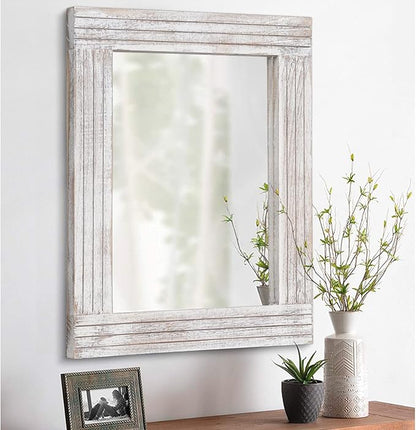 Mirrors for Wall Rustic Wooden Frame Rectangle Mirror Vintage Hanging Mirror for Bedroom Bathroom Living Room Farmhouse Wall Decor White Large 20" x 16 "