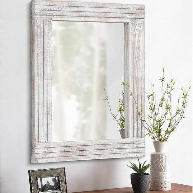 Mirrors for Wall Rustic Wooden Frame Rectangle Mirror Vintage Hanging Mirror for Bedroom Bathroom Living Room Farmhouse Wall Decor White Small 16" x 12 "