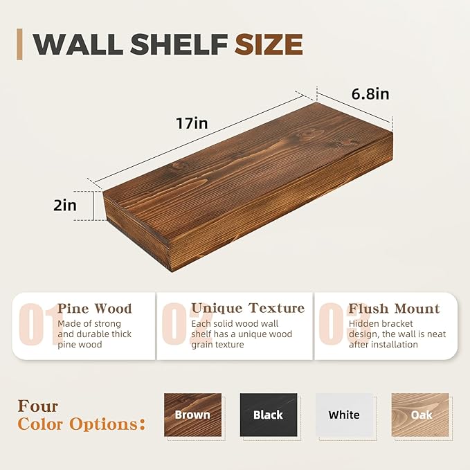 17x6.8x2 Inch Rustic Floating Shelves for Wall Set of 2 - Brown Solid Wood Wall Mounted Shelves with Invisible Bracket, Compact Design for Farmhouse Living Room Bedroom Kitchen Decor