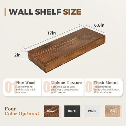 17x6.8x2 Inch Rustic Floating Shelves for Wall Set of 2 - Brown Solid Wood Wall Mounted Shelves with Invisible Bracket, Compact Design for Farmhouse Living Room Bedroom Kitchen Decor