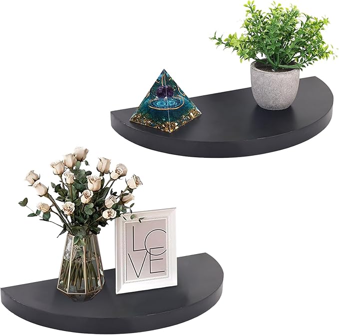 Small Floating Plant Shelves Set of 2 - Rustic Wood Half Circle Shelves for Bedroom Living Room Bathroom Kitchen Office (Black)