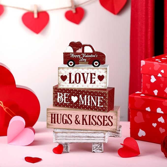 Marsui 4 Pcs Valentine's Day Decorations Truck Wooden Signs Rustic Distressed Table Decor Valentines Centerpieces Blocks Farmhouse Tiered Tray Decor Happy Valentine Day Decorations for Home Desk Shelf