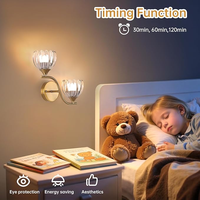 Battery Operated Wall Sconce, 2-Lights Vinatge Brass Wall Lighting with Clear Tluip Shade Rechargeable Bulb with Remote for Living Room, Bedroom，Symmetrical 2 Pack