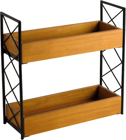 Spice Rack for Countertop 2 Tier Wooden Spice Shelf Organizer for Kitchen Cabinet, Counter or Pantry Space Saving Free Standing Spice Holder for 28 Jars, Brown
