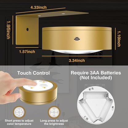 3Pack Wireless Picture Light,Battery Operated Painting Light with Remote,Magnetic Timer Display Art Lamp for Wall,Dimmable Picture Frame Light for Frame Artwork,Wall Decor Puck Lights-Gold