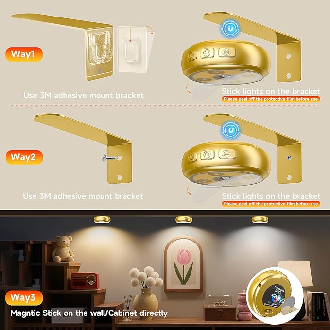 3 Pack Picture Light for Wall with 1200mAh Rechargeable Battery Operated Lights Remote Dimmable Timer Painting Light Magnetic 3 Adjustable Lighting RGB Modes Wall Decor Lights for Living(Gold)