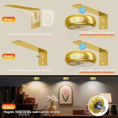 3 Pack Picture Light for Wall with 1200mAh Rechargeable Battery Operated Lights Remote Dimmable Timer Painting Light Magnetic 3 Adjustable Lighting RGB Modes Wall Decor Lights for Living(Gold)