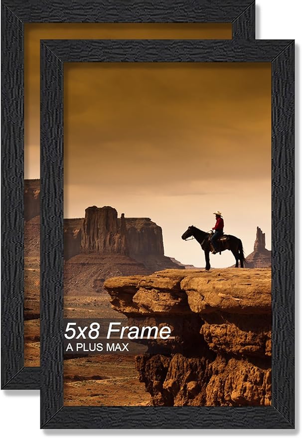 A PLUS MAX 5x8 Picture Frame Set of 2, Black Engineered Wood Frame for 5 x 8 Inch Picture Poster Photo, Light Weight 5 by 8 Frame with Wood-grain for Wall - 2 Pack/Black/5"x8"