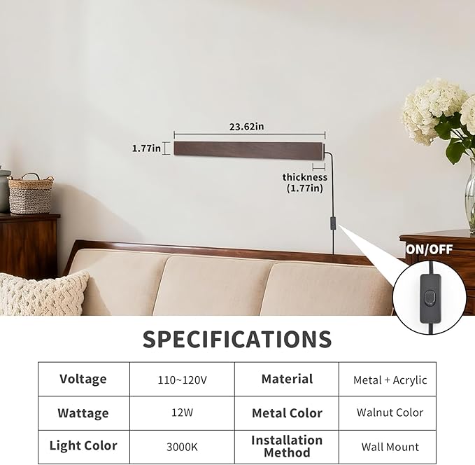 Farmhouse Plug in Wall Sconces, 23.6 inch Faux Walnut Finish LED Long Wall Lights, 12W Warm White 3000K Acrylic Indoor Wall lamp,with 59