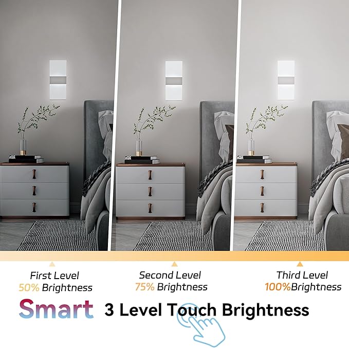 Battery Operated Wall Sconces,Rechargeable USB Wall Lamps Set of Two for Living Room Bedroom Hallway,Three Level Light Adjustment,Bedside Lights,Touch Control Switch White Light