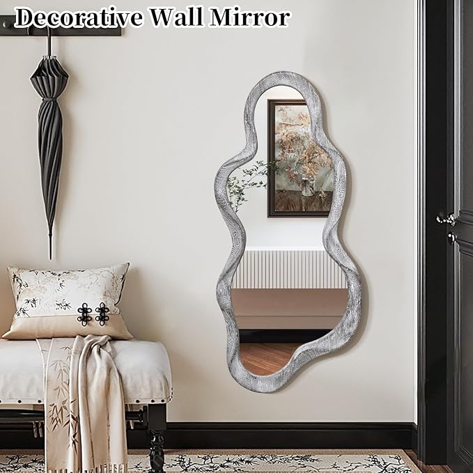 Irregular Wall Mirror Cloud Wavy Wood Frame Mirrors Asymmetrical Modern Mirror for Wall for Vanity Bathroom Living Room Bedroom Entryway Hallway Modern Unique Decorative Artistic Mirror Large