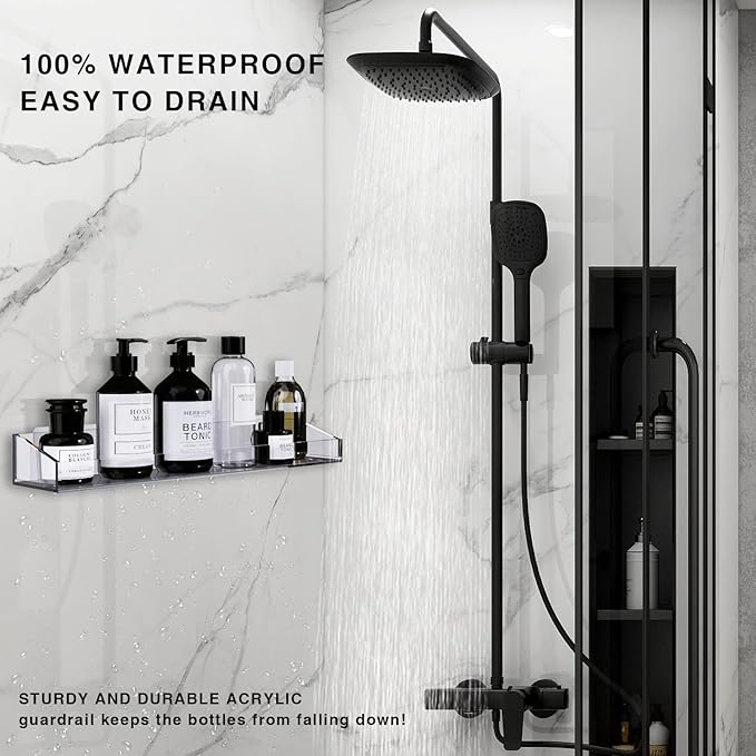Acrylic Shower Shelves 2 Pack, Adhesive Bathroom Shelves No Drill, Clear Acrylic Shower Caddy Wall Mounted Organizer for Inside Shower, Bathroom Storage Shelf