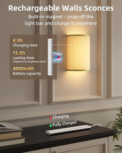 EZVALO Battery Operated Wall Sconce, Wireless Wall Sconces Set of Two with Remote, 3 Color & 80 RGB Rechargeable Wall Lights, Dimmable, Timer, White Linen Shade Wall Decor for Bedroom, Living Room