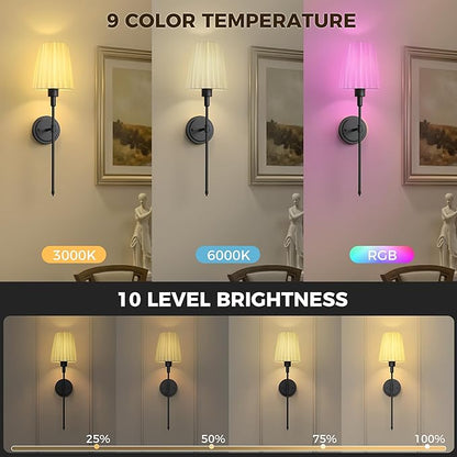 DORESshop Battery Operated Wall Sconce Set of 2, 10 Color Wireless Wall Light Easy to Install, Sconce Wall Decor Set of 2 for Bedroom, Living Room, Pleated Fabric Shade, Black, 24.6in