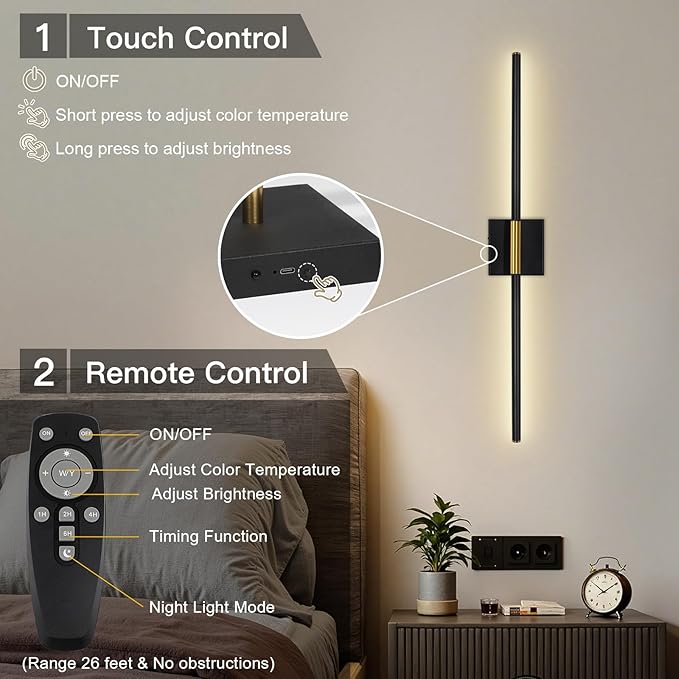 Battery Operated Wall Sconces Set of Two - Wireless Rechargeable Wall Light with Remote - Black Gold LED Wall Lamp Dimmable Modern Home Decor for Bedroom Living Room 31.5 Inch (2 Pack)