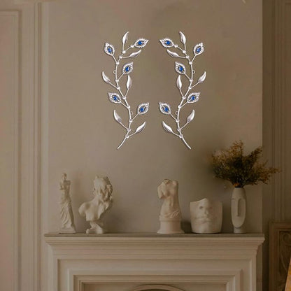 sxnzequnze 2 Pcs Metal Leaf Wall Art Crystal Bling Decorations Silver Leaves 3D Iron Handmade Home Decor Hanging Minimalist Accents Modern Set for Living Room Bathroom Bedroom Dining Room Hallway
