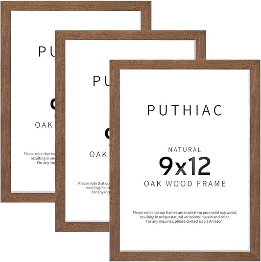 puthiac 9x12 Solid Oak Wood Picture Frame, Fits 6x8 with Mat or 9x12 Without Mat, Wall or Tabletop Display with Stand, Vertical or Horizontal, Plexi Front, 3 Pack, Walnut