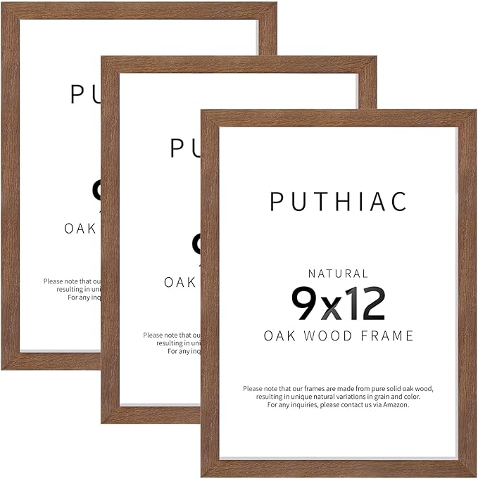 puthiac 9x12 Solid Oak Wood Picture Frame, Fits 6x8 with Mat or 9x12 Without Mat, Wall or Tabletop Display with Stand, Vertical or Horizontal, Plexi Front, 3 Pack, Walnut