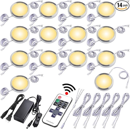 Under Cabinet LED Puck Lights, Counter Closet Lighting, Daisy Chained linkable, 110V Plug-in & Direct Hardwiring, Wireless RF Remote Control Dimmable, White Cables, Warm White, 14 Lights